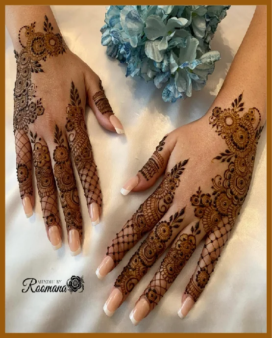 Aesthetic Back Hand Mehndi With Finger Cuff Details